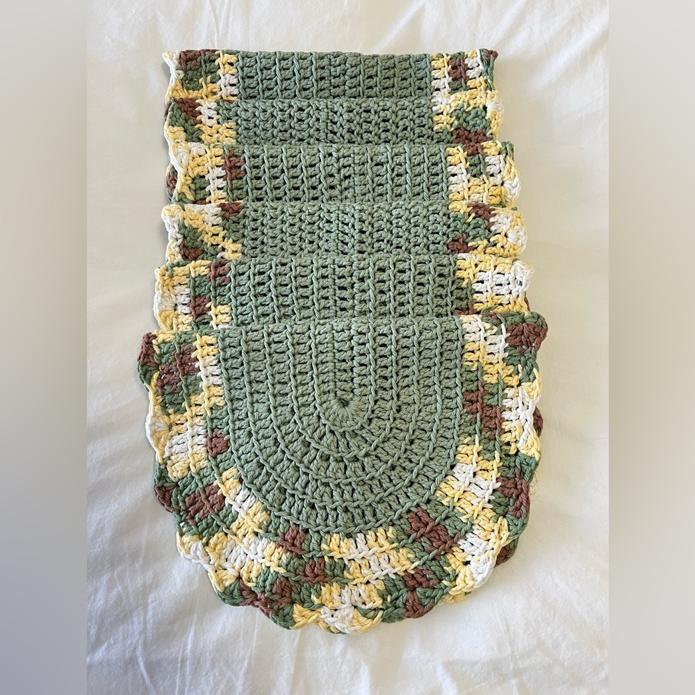 Set of 6 Vintage Oval Hand Crocheted Placemats | Green Yellow Brown